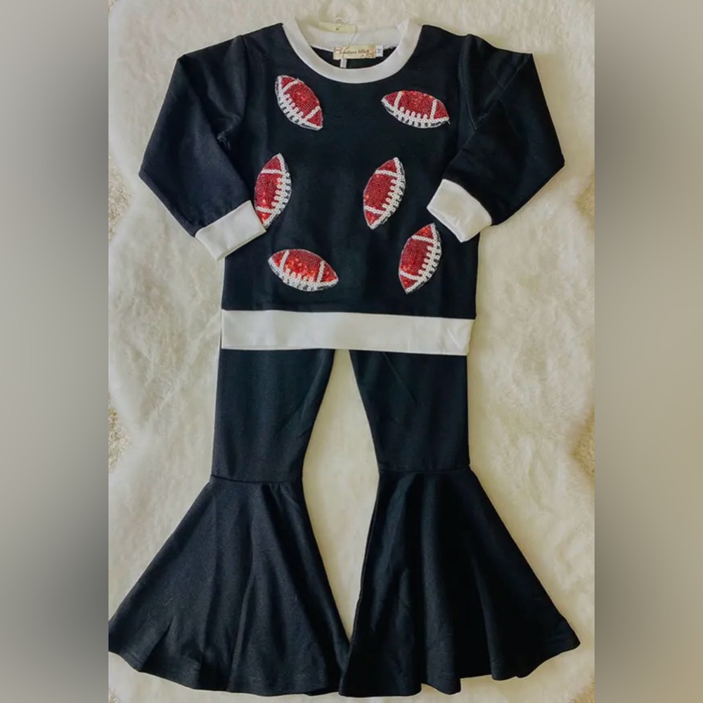 Black sequin flare, matching toddler kid set football season